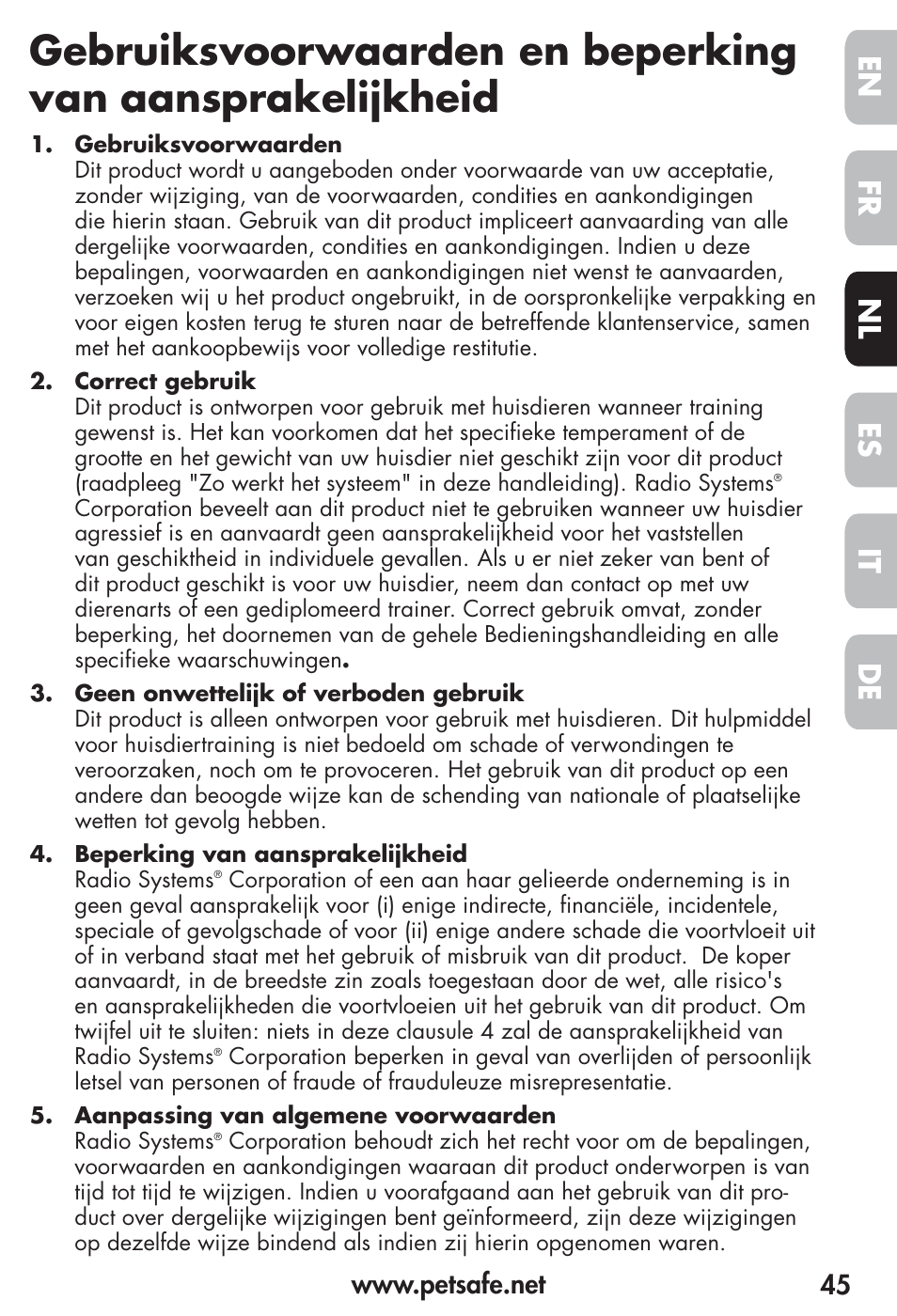 Fr es nl it de en | Petsafe Vibration Bark Control Collar User Manual | Page 45 / 90