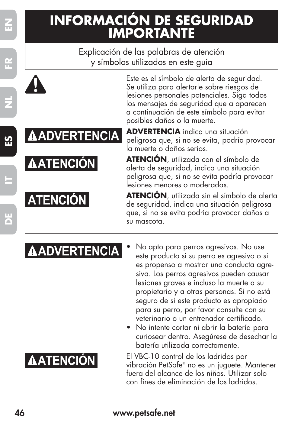 Información de seguridad importante, Fr es nl it de en | Petsafe Vibration Bark Control Collar User Manual | Page 46 / 90