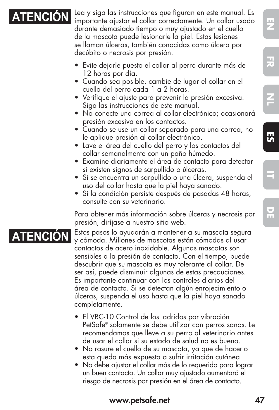 Fr es nl it de en | Petsafe Vibration Bark Control Collar User Manual | Page 47 / 90