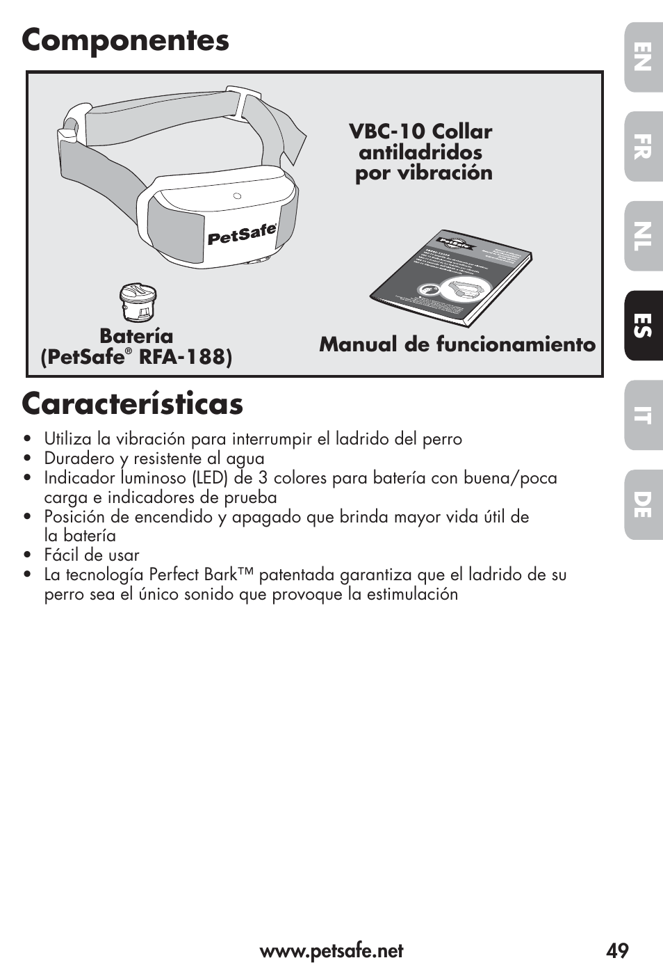 Componentes características, Fr es nl it de en | Petsafe Vibration Bark Control Collar User Manual | Page 49 / 90