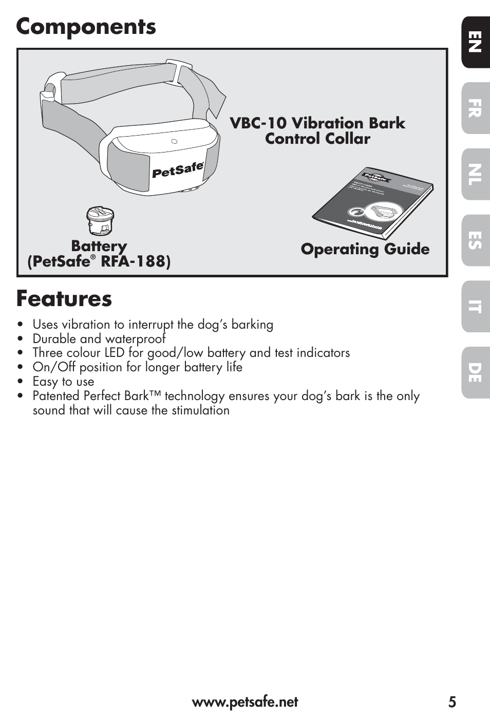 Components features, Fr es nl it de en | Petsafe Vibration Bark Control Collar User Manual | Page 5 / 90