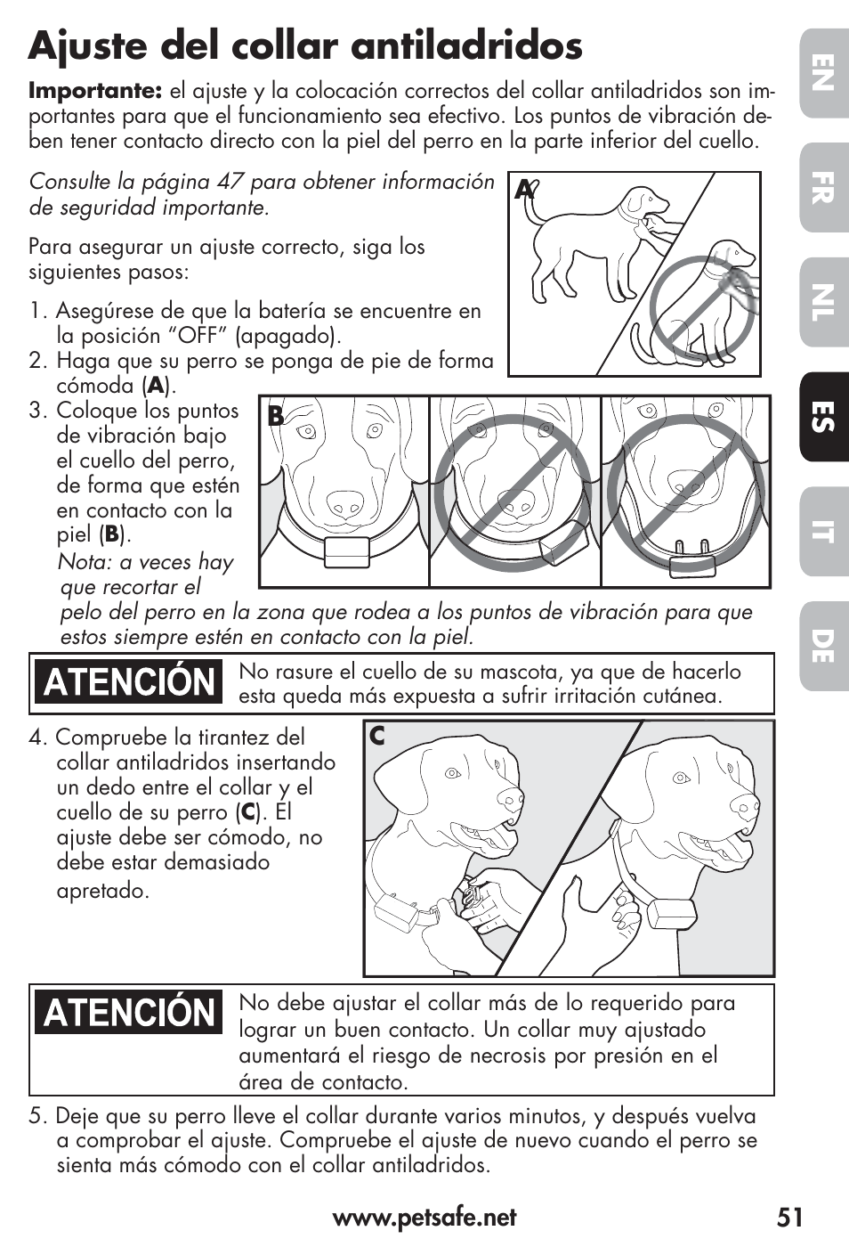 Ajuste del collar antiladridos, Fr es nl it de en | Petsafe Vibration Bark Control Collar User Manual | Page 51 / 90