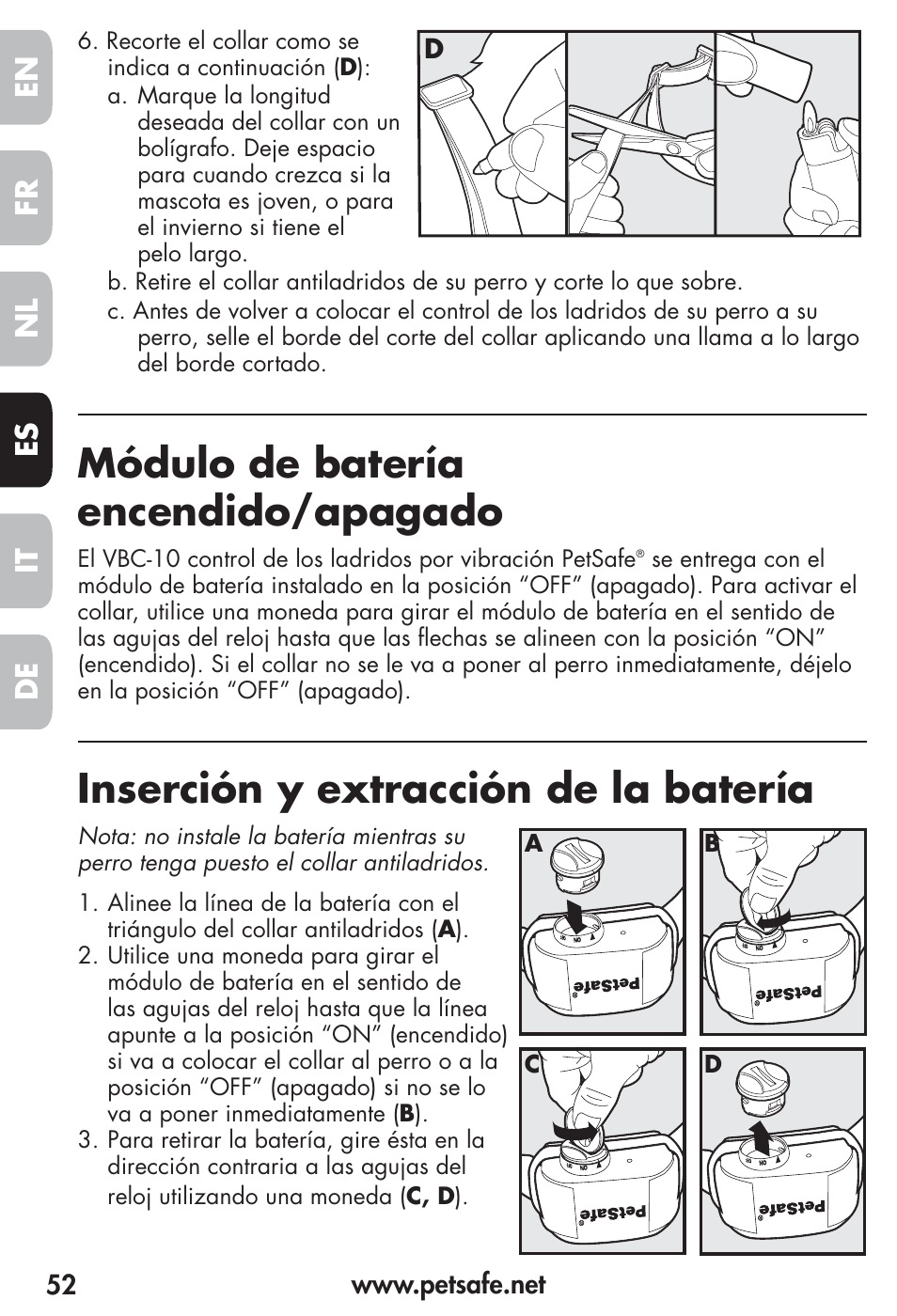 Módulo de batería encendido/apagado, Inserción y extracción de la batería, Fr es nl it de en | Petsafe Vibration Bark Control Collar User Manual | Page 52 / 90