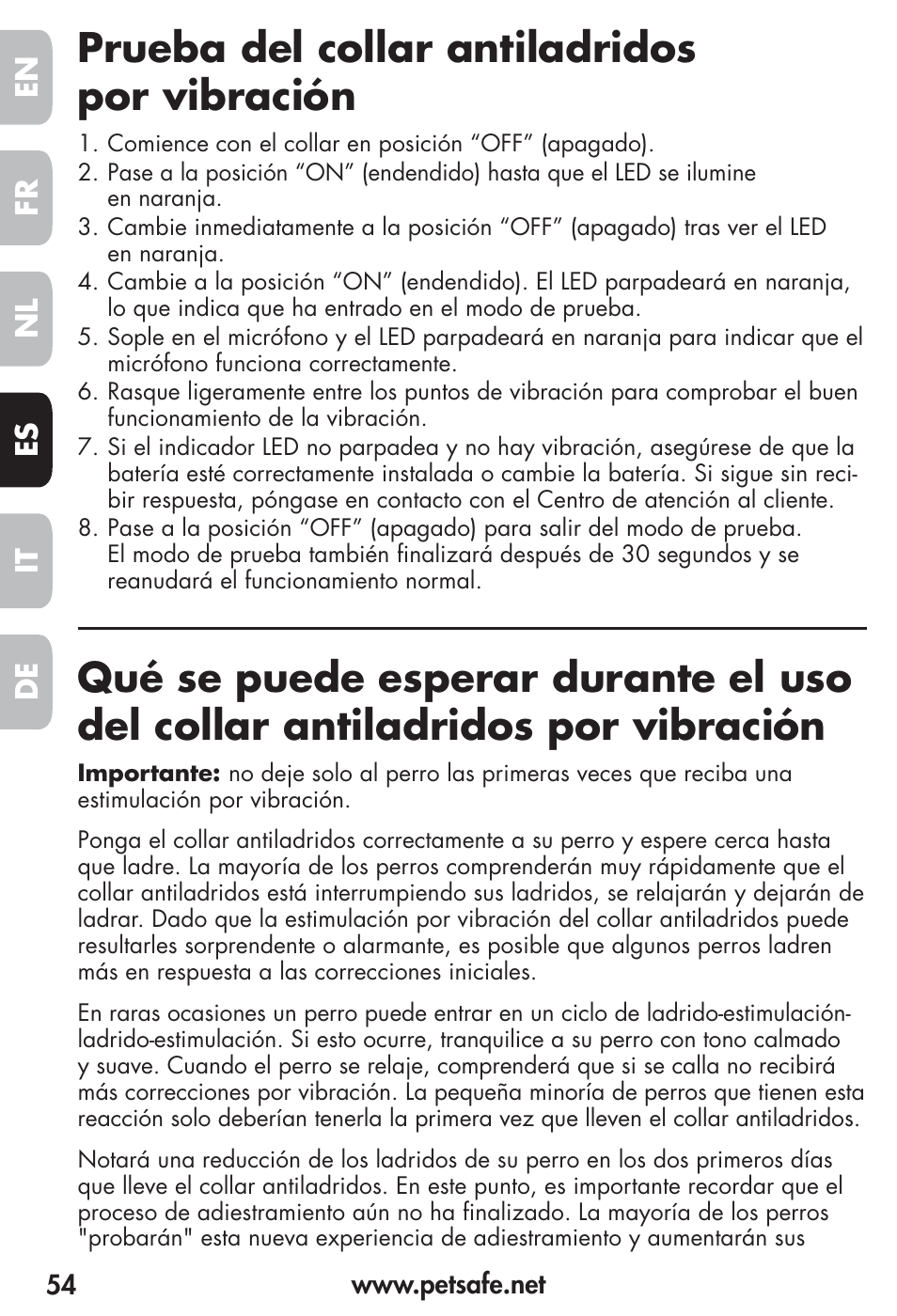 Prueba del collar antiladridos por vibración, Fr es nl it de en | Petsafe Vibration Bark Control Collar User Manual | Page 54 / 90