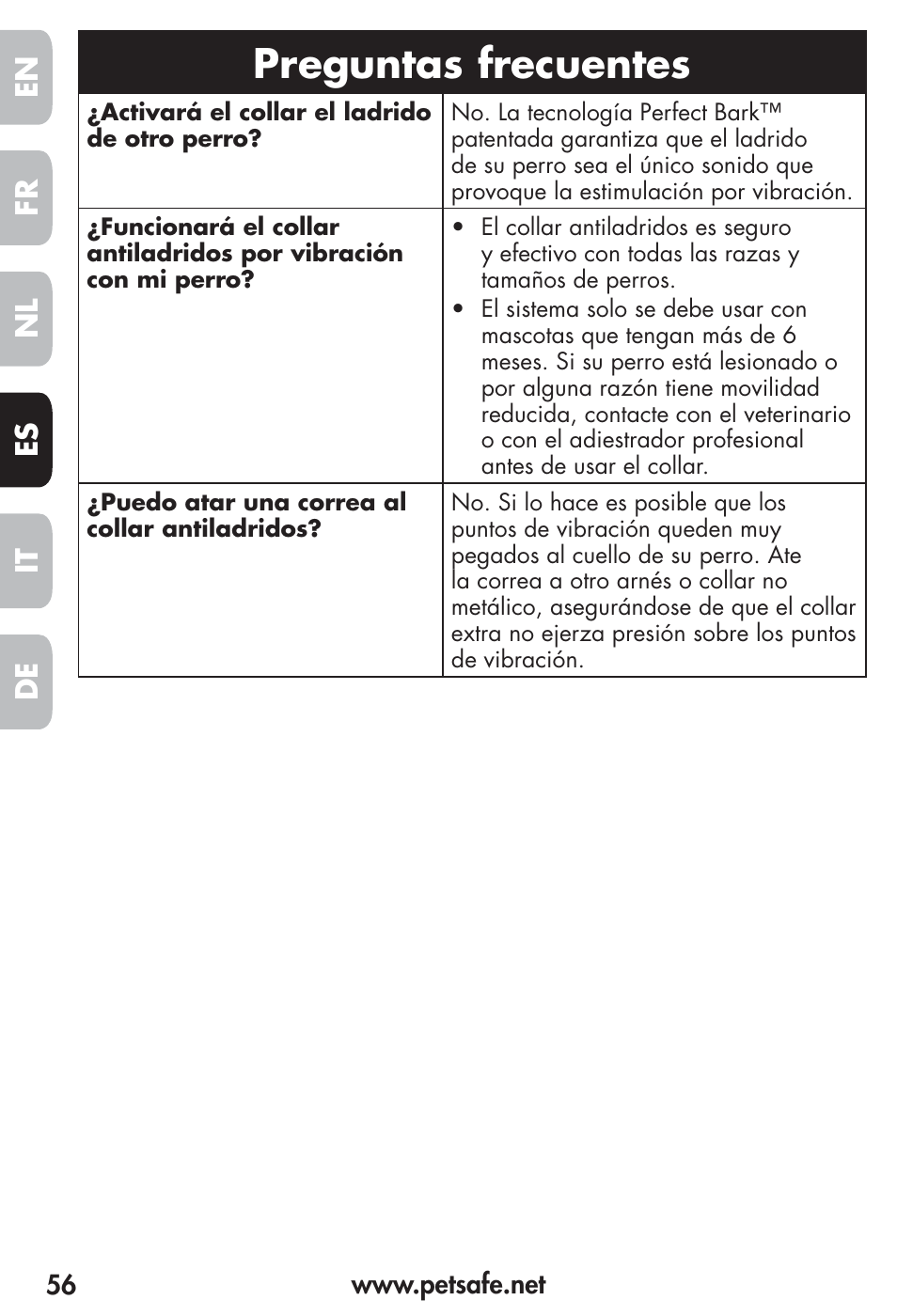 Preguntas frecuentes, Fr es nl it de en | Petsafe Vibration Bark Control Collar User Manual | Page 56 / 90