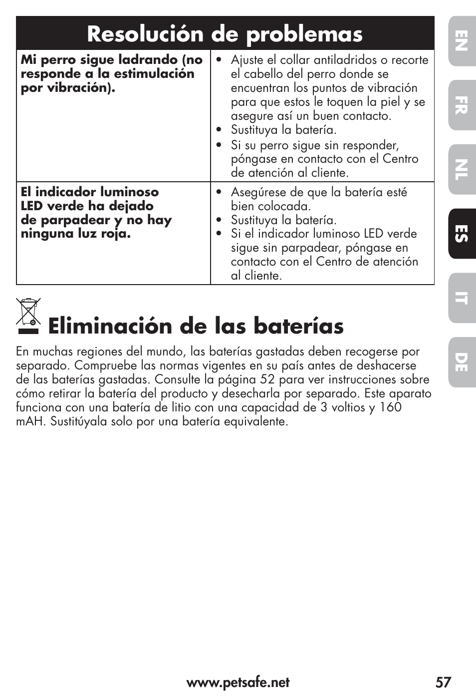 Resolución de problemas, Eliminación de las baterías, Fr es nl it de en | Petsafe Vibration Bark Control Collar User Manual | Page 57 / 90