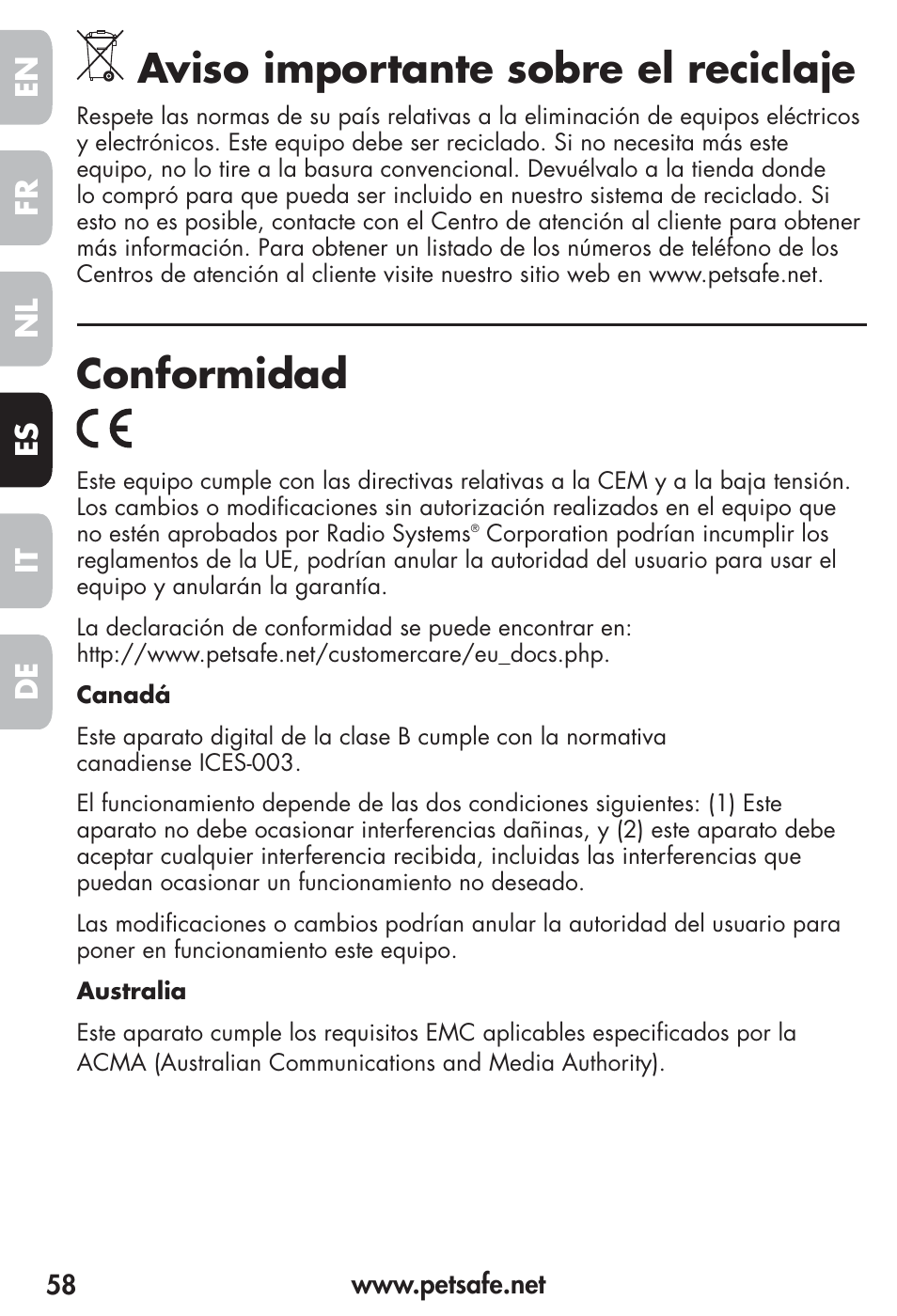 Aviso importante sobre el reciclaje, Conformidad, Fr es nl it de en | Petsafe Vibration Bark Control Collar User Manual | Page 58 / 90