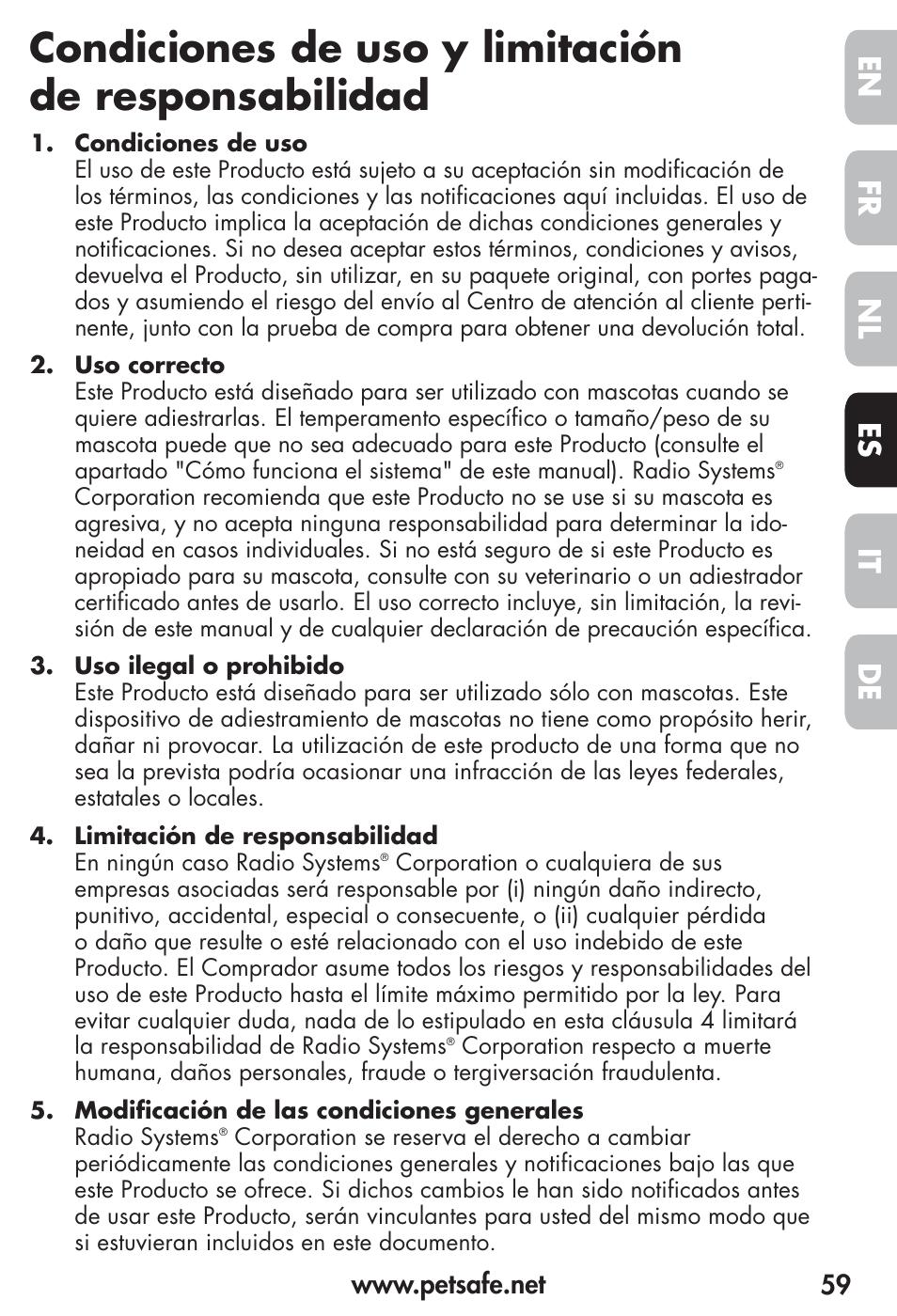 Condiciones de uso y limitación de responsabilidad, Fr es nl it de en | Petsafe Vibration Bark Control Collar User Manual | Page 59 / 90