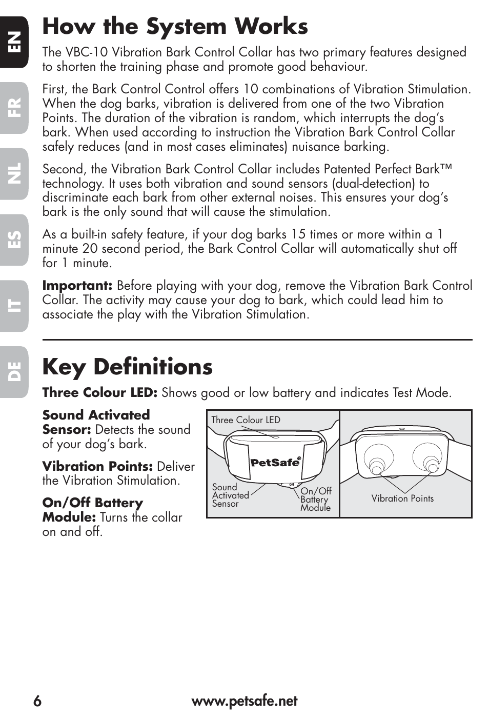 How the system works, Key definitions, Fr es nl it de en | Petsafe Vibration Bark Control Collar User Manual | Page 6 / 90