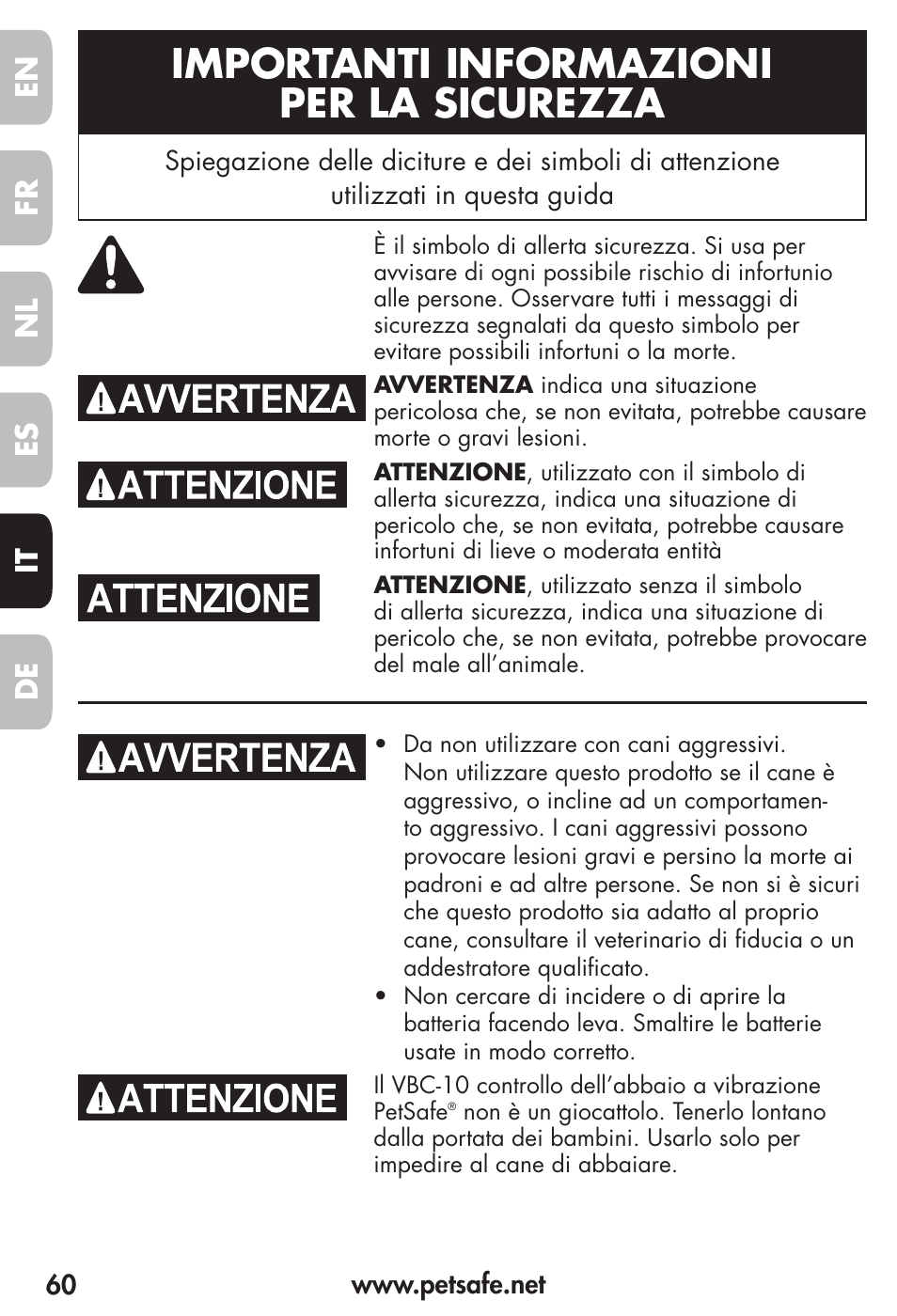 Importanti informazioni per la sicurezza, Fr es nl it de en | Petsafe Vibration Bark Control Collar User Manual | Page 60 / 90