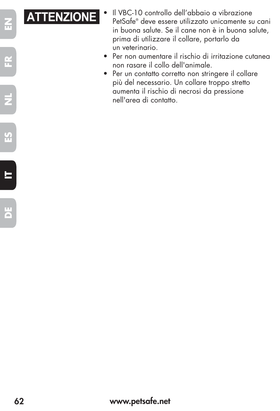 Fr es nl it de en | Petsafe Vibration Bark Control Collar User Manual | Page 62 / 90