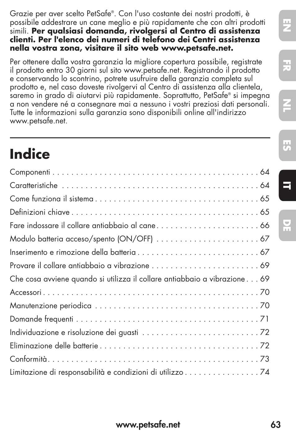 Indice, Fr es nl it de en | Petsafe Vibration Bark Control Collar User Manual | Page 63 / 90