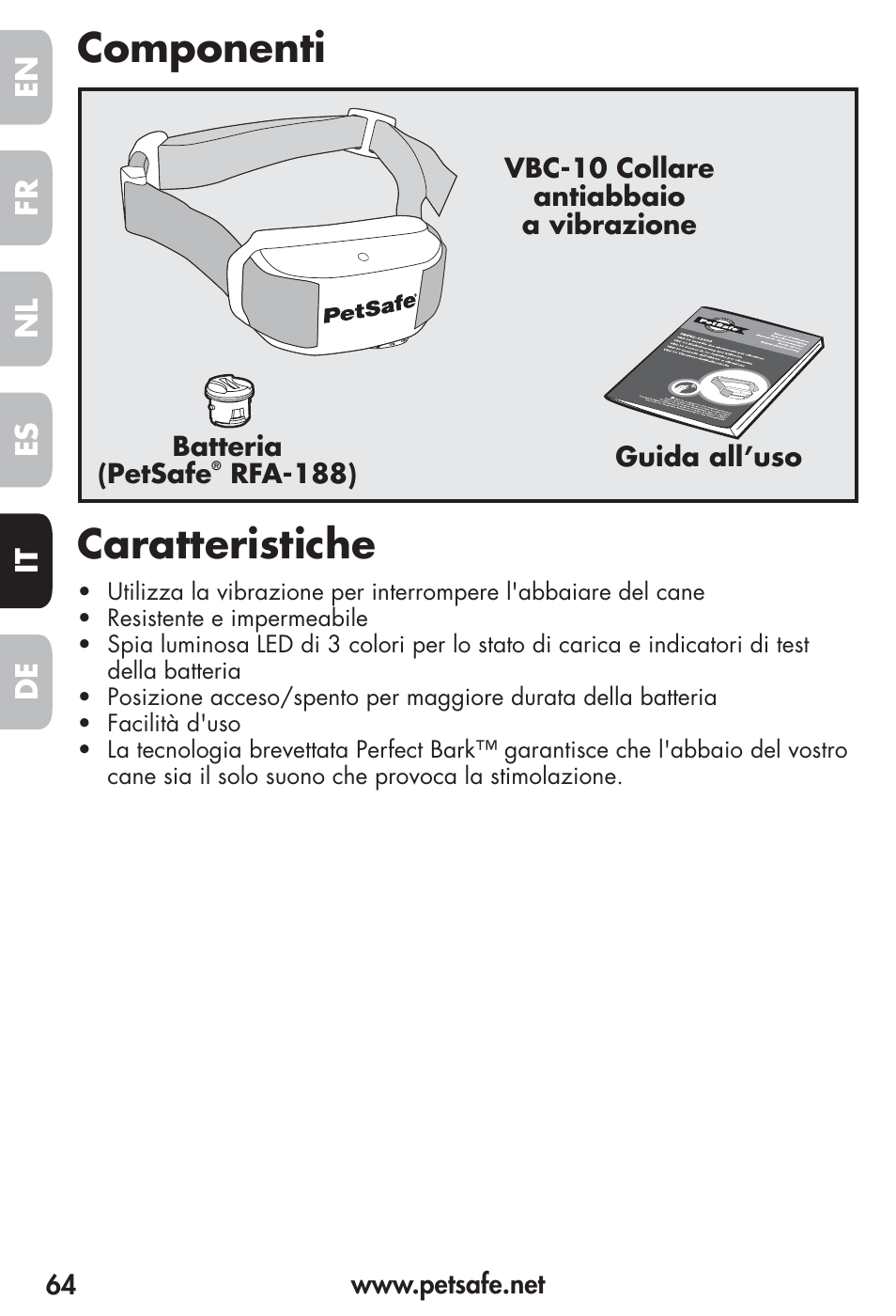 Componenti caratteristiche, Fr es nl it de en | Petsafe Vibration Bark Control Collar User Manual | Page 64 / 90