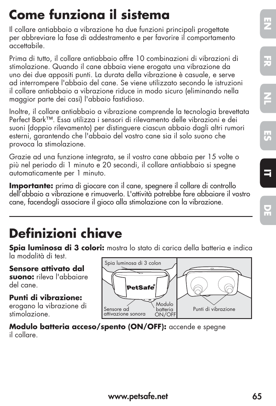 Come funziona il sistema, Definizioni chiave, Fr es nl it de en | Petsafe Vibration Bark Control Collar User Manual | Page 65 / 90