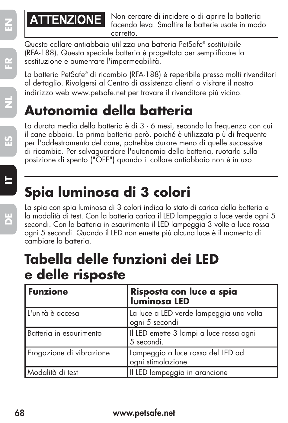 Autonomia della batteria, Spia luminosa di 3 colori, Tabella delle funzioni dei led e delle risposte | Fr es nl it de en | Petsafe Vibration Bark Control Collar User Manual | Page 68 / 90