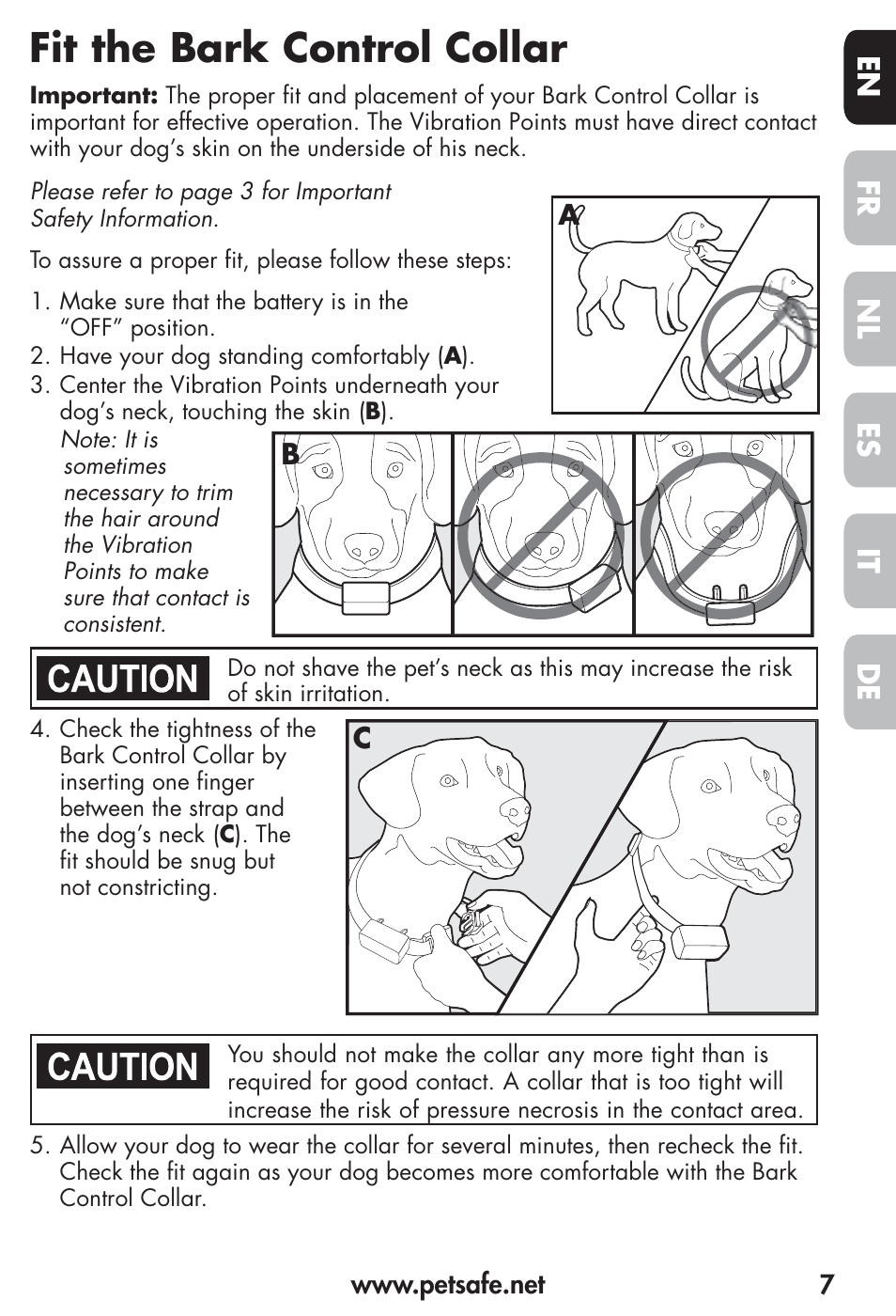 Fit the bark control collar, Fr es nl it de en | Petsafe Vibration Bark Control Collar User Manual | Page 7 / 90