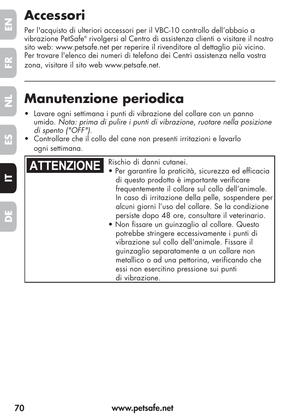 Accessori, Manutenzione periodica, Fr es nl it de en | Petsafe Vibration Bark Control Collar User Manual | Page 70 / 90