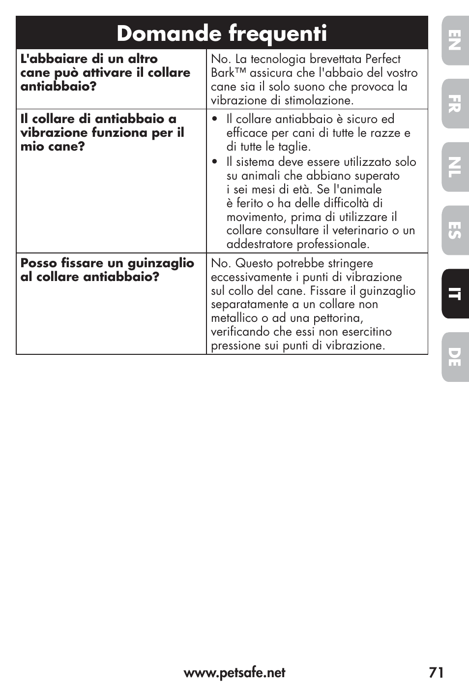 Domande frequenti, Fr es nl it de en | Petsafe Vibration Bark Control Collar User Manual | Page 71 / 90
