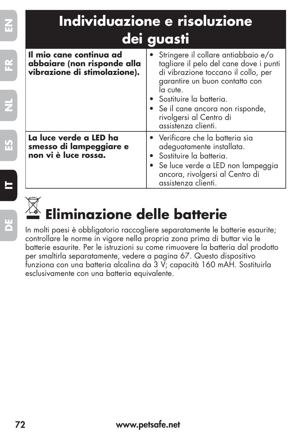Individuazione e risoluzione dei guasti, Eliminazione delle batterie, Fr es nl it de en | Petsafe Vibration Bark Control Collar User Manual | Page 72 / 90
