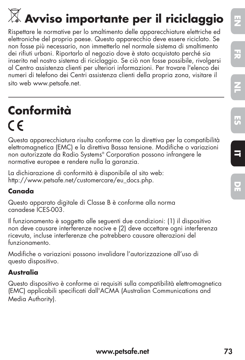 Avviso importante per il riciclaggio, Conformità, Fr es nl it de en | Petsafe Vibration Bark Control Collar User Manual | Page 73 / 90