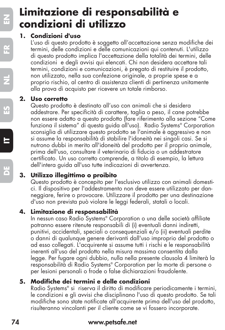 Fr es nl it de en | Petsafe Vibration Bark Control Collar User Manual | Page 74 / 90
