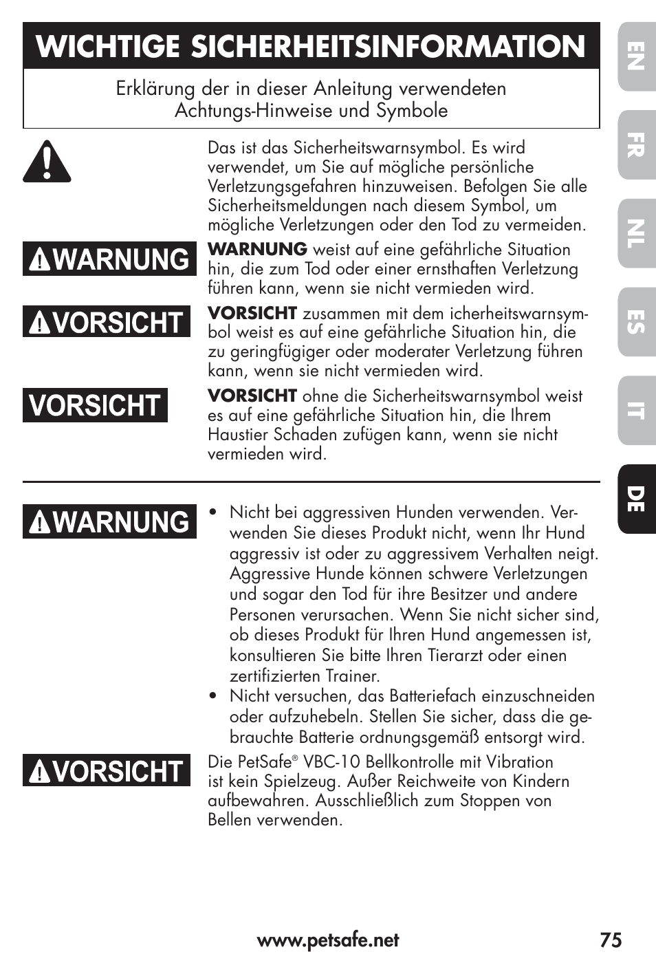 Wichtige sicherheitsinformation, Fr es nl it de en | Petsafe Vibration Bark Control Collar User Manual | Page 75 / 90
