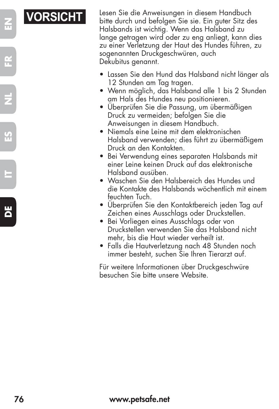 Fr es nl it de en | Petsafe Vibration Bark Control Collar User Manual | Page 76 / 90