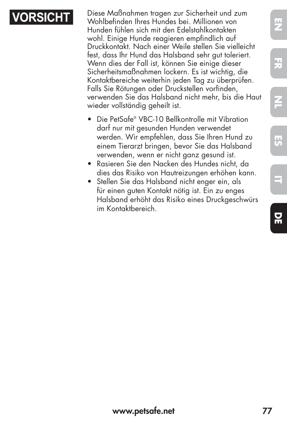 Fr es nl it de en | Petsafe Vibration Bark Control Collar User Manual | Page 77 / 90