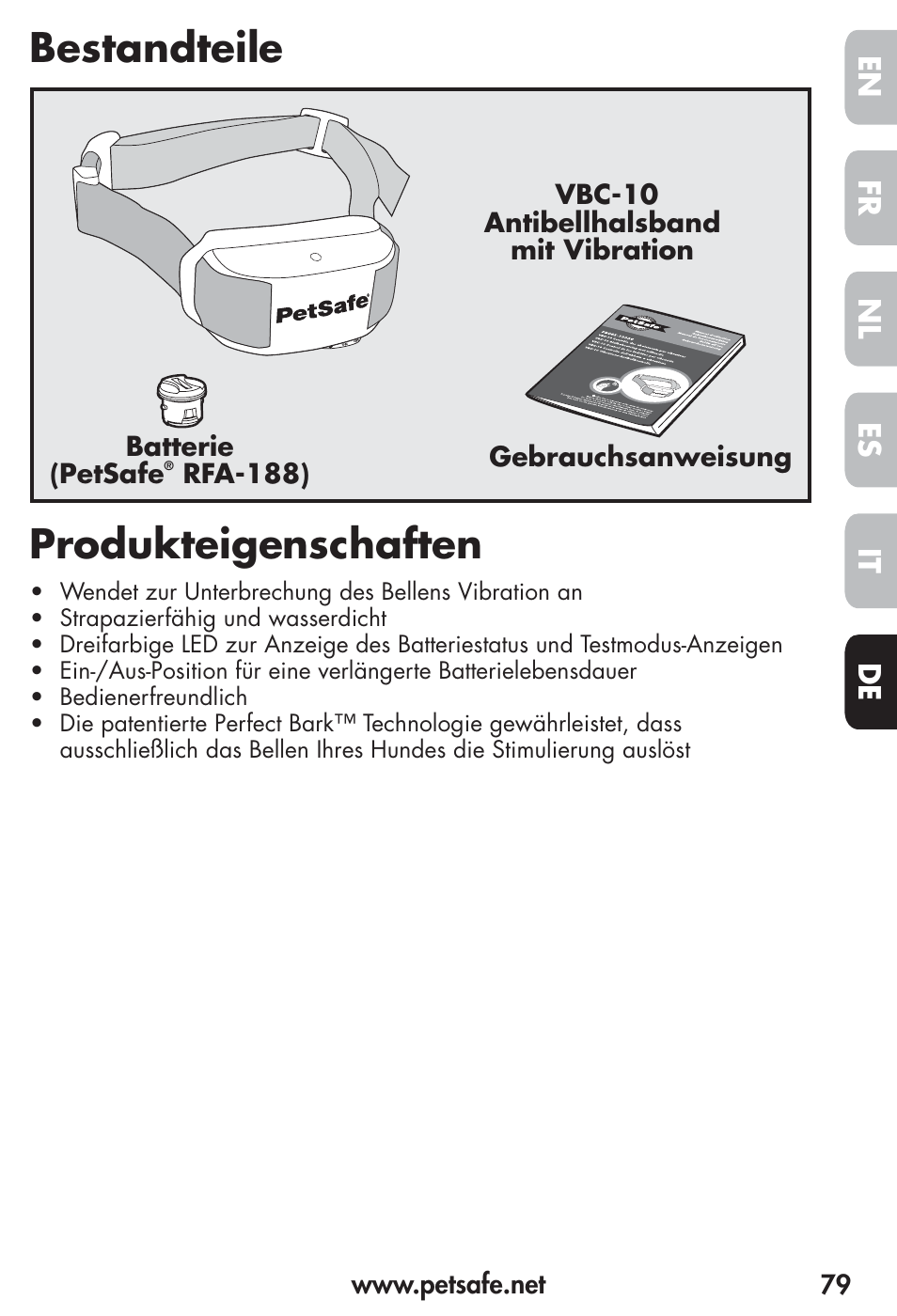 Bestandteile produkteigenschaften, Fr es nl it de en | Petsafe Vibration Bark Control Collar User Manual | Page 79 / 90