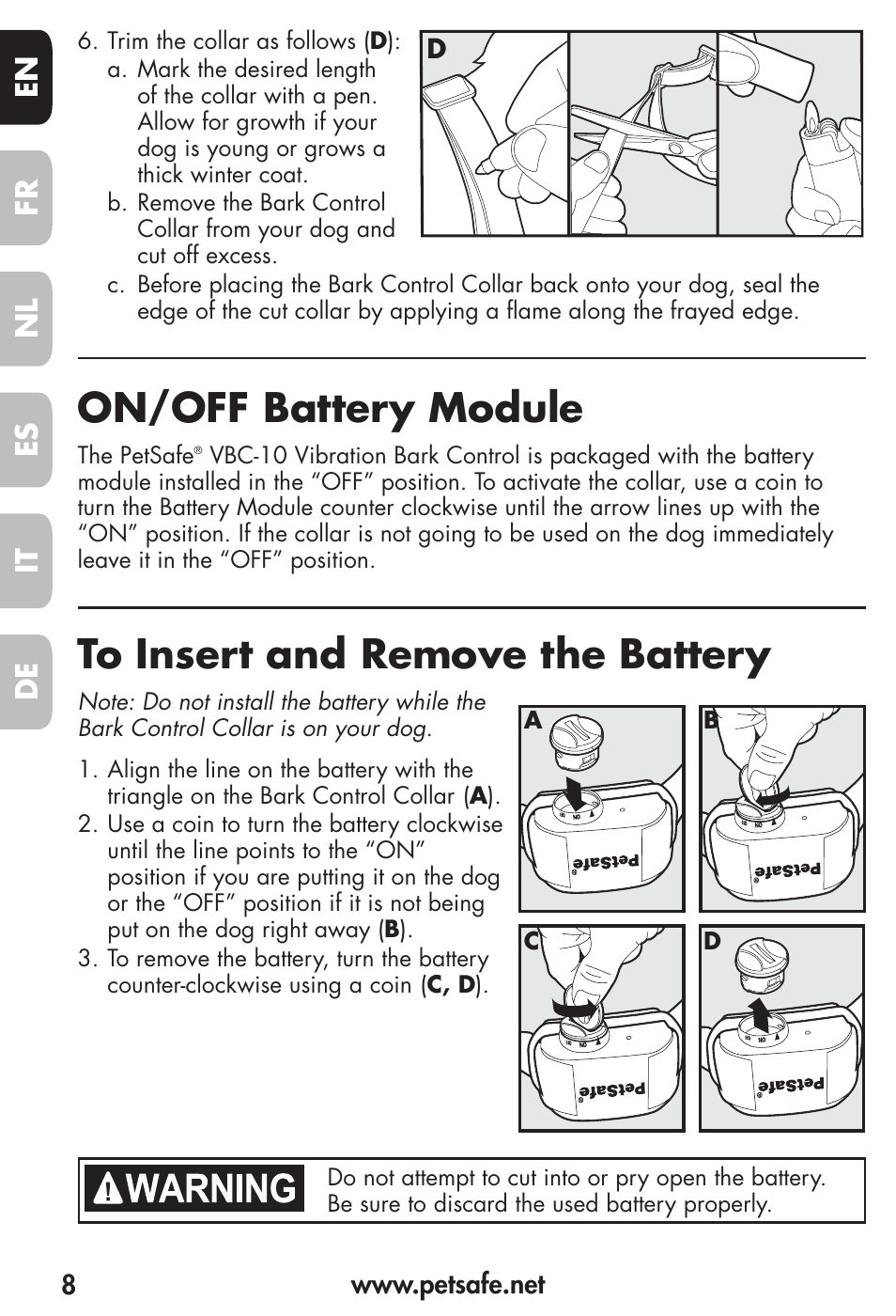 On/off battery module, Fr es nl it de en | Petsafe Vibration Bark Control Collar User Manual | Page 8 / 90