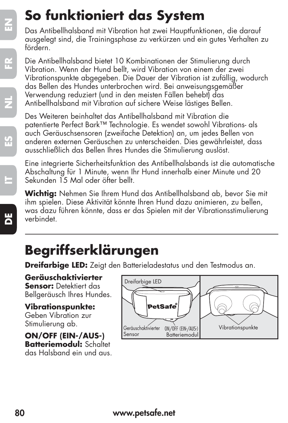 So funktioniert das system, Begriffserklärungen, Fr es nl it de en | Petsafe Vibration Bark Control Collar User Manual | Page 80 / 90