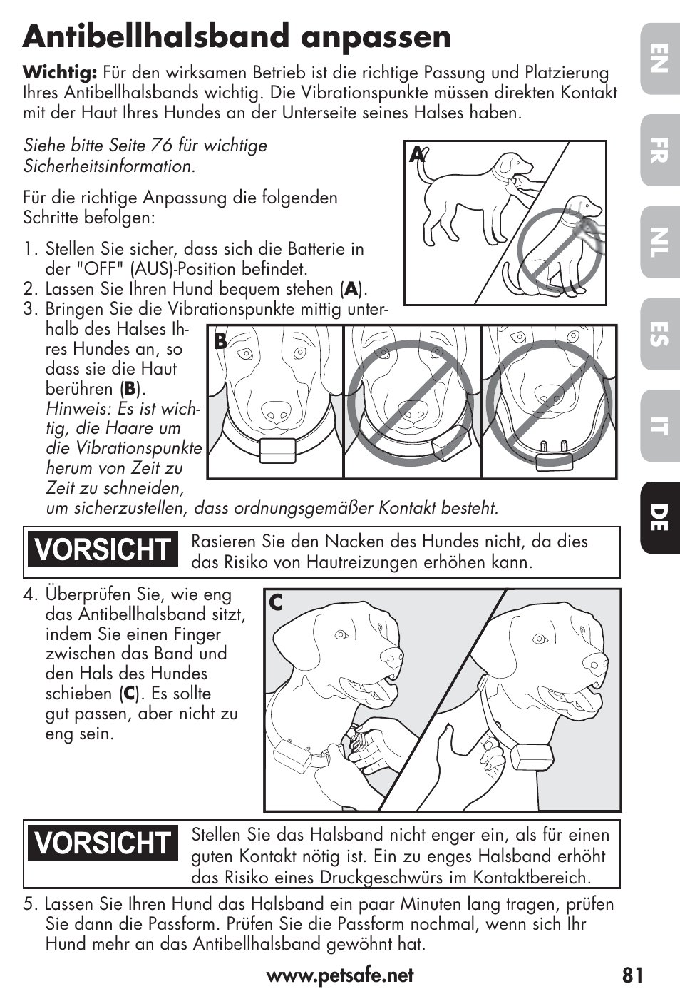 Antibellhalsband anpassen, Fr es nl it de en | Petsafe Vibration Bark Control Collar User Manual | Page 81 / 90
