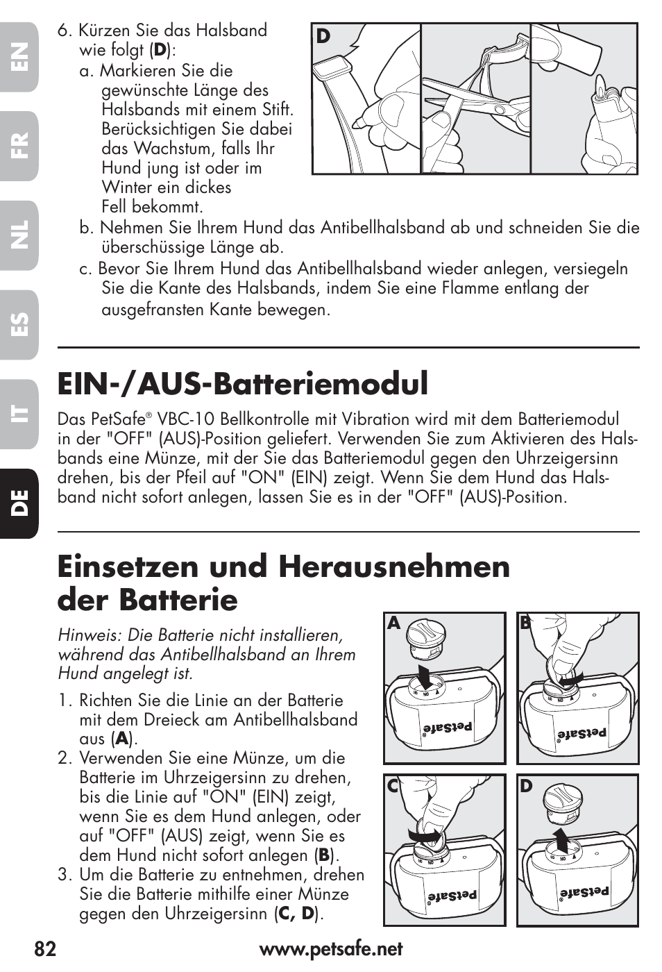 Ein-/aus-batteriemodul, Einsetzen und herausnehmen der batterie, Fr es nl it de en | Petsafe Vibration Bark Control Collar User Manual | Page 82 / 90