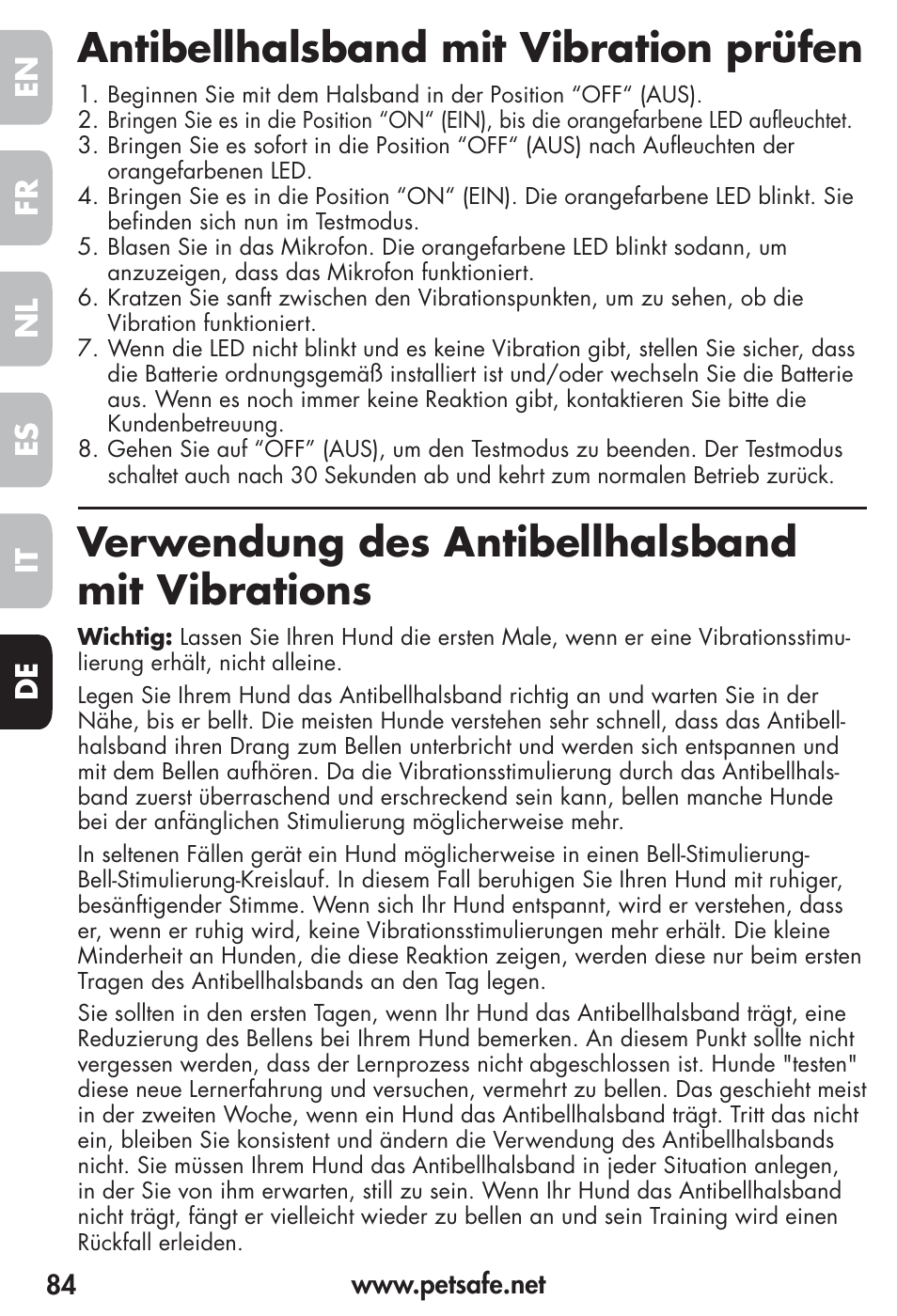 Antibellhalsband mit vibration prüfen, Verwendung des antibellhalsband mit vibrations, Fr es nl it de en | Petsafe Vibration Bark Control Collar User Manual | Page 84 / 90