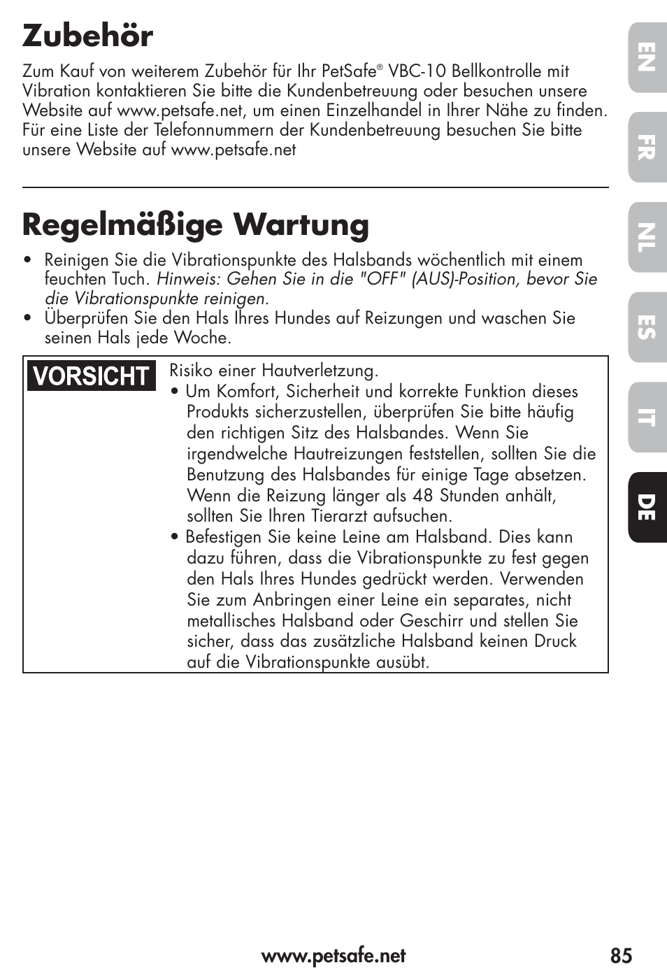 Zubehör, Regelmäßige wartung, Fr es nl it de en | Petsafe Vibration Bark Control Collar User Manual | Page 85 / 90