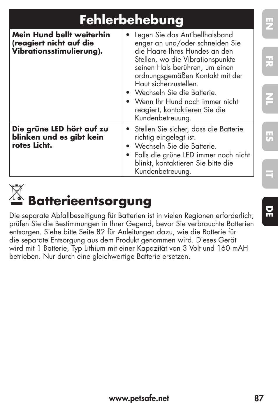 Fehlerbehebung, Batterieentsorgung, Fr es nl it de en | Petsafe Vibration Bark Control Collar User Manual | Page 87 / 90