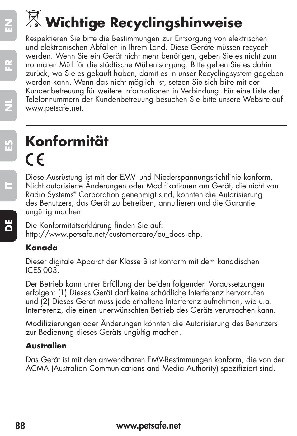 Wichtige recyclingshinweise, Konformität, Fr es nl it de en | Petsafe Vibration Bark Control Collar User Manual | Page 88 / 90