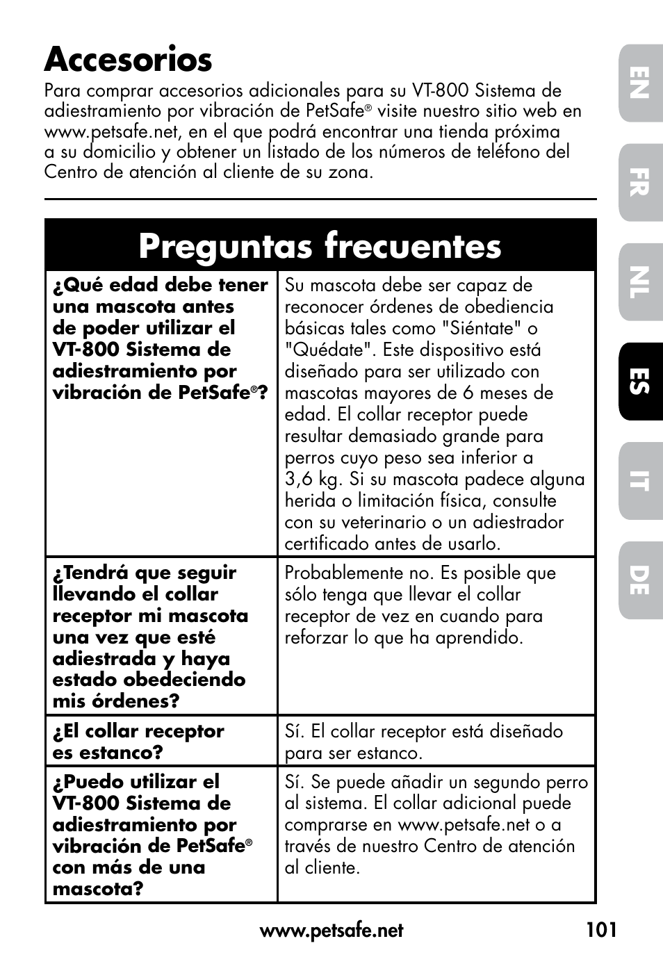 Accesorios, Preguntas frecuentes, De fr es nl it en | Petsafe VT-800 Remote Vibration Trainer User Manual | Page 101 / 160