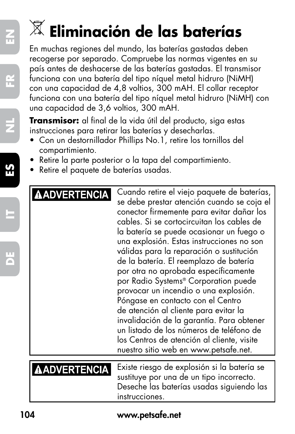 Eliminación de las baterías, De fr es nl it en | Petsafe VT-800 Remote Vibration Trainer User Manual | Page 104 / 160