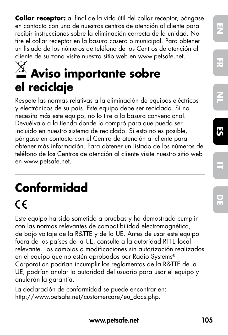 Aviso importante sobre el reciclaje, Conformidad, De fr es nl it en | Petsafe VT-800 Remote Vibration Trainer User Manual | Page 105 / 160