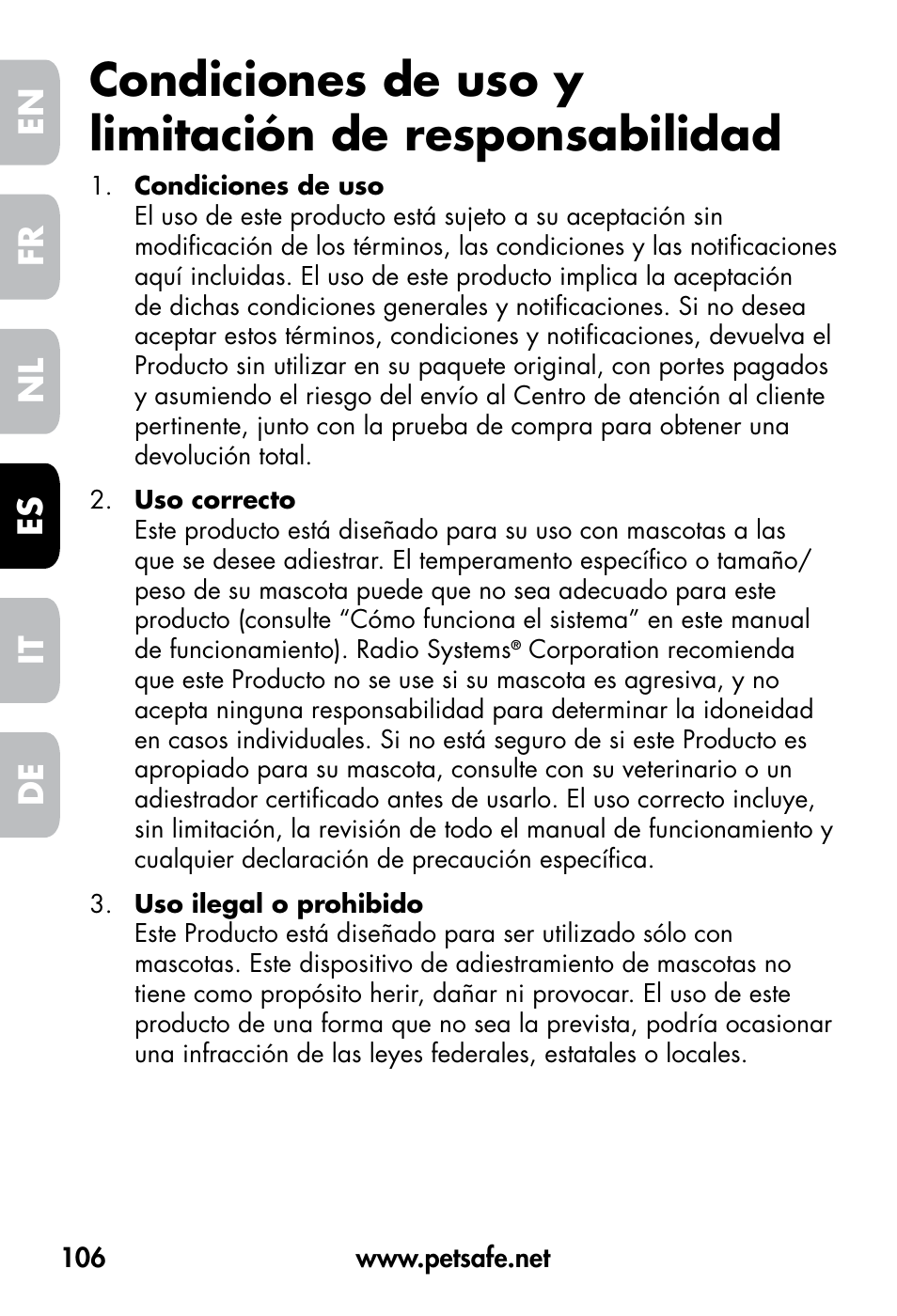Condiciones de uso y limitación de responsabilidad, De fr es nl it en | Petsafe VT-800 Remote Vibration Trainer User Manual | Page 106 / 160