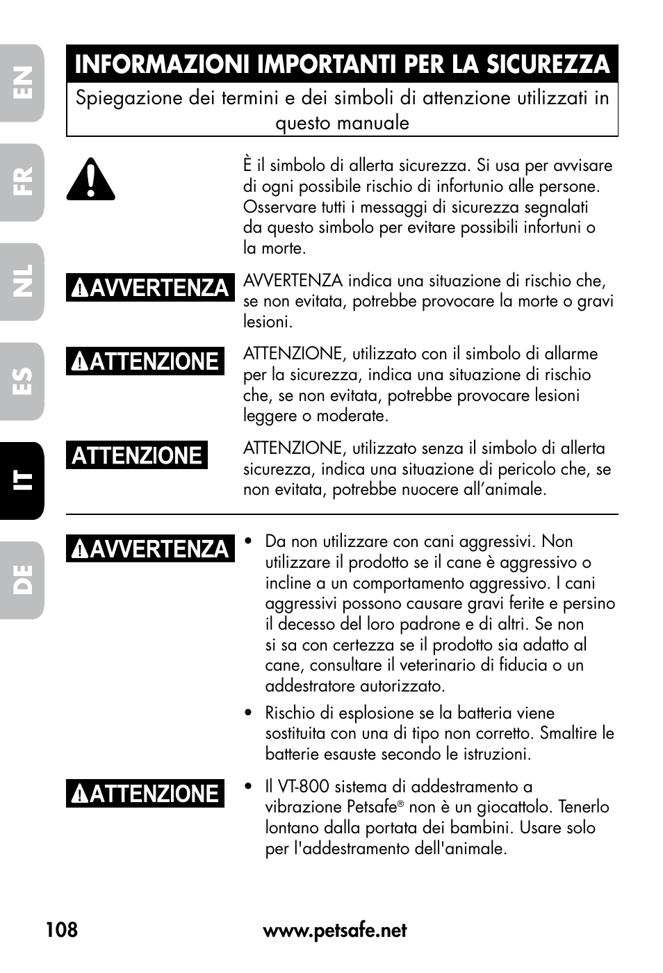 Petsafe VT-800 Remote Vibration Trainer User Manual | Page 108 / 160