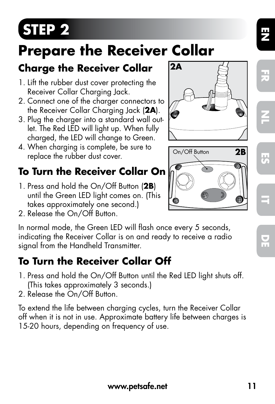 Step 2 prepare the receiver collar, De fr es nl it en | Petsafe VT-800 Remote Vibration Trainer User Manual | Page 11 / 160