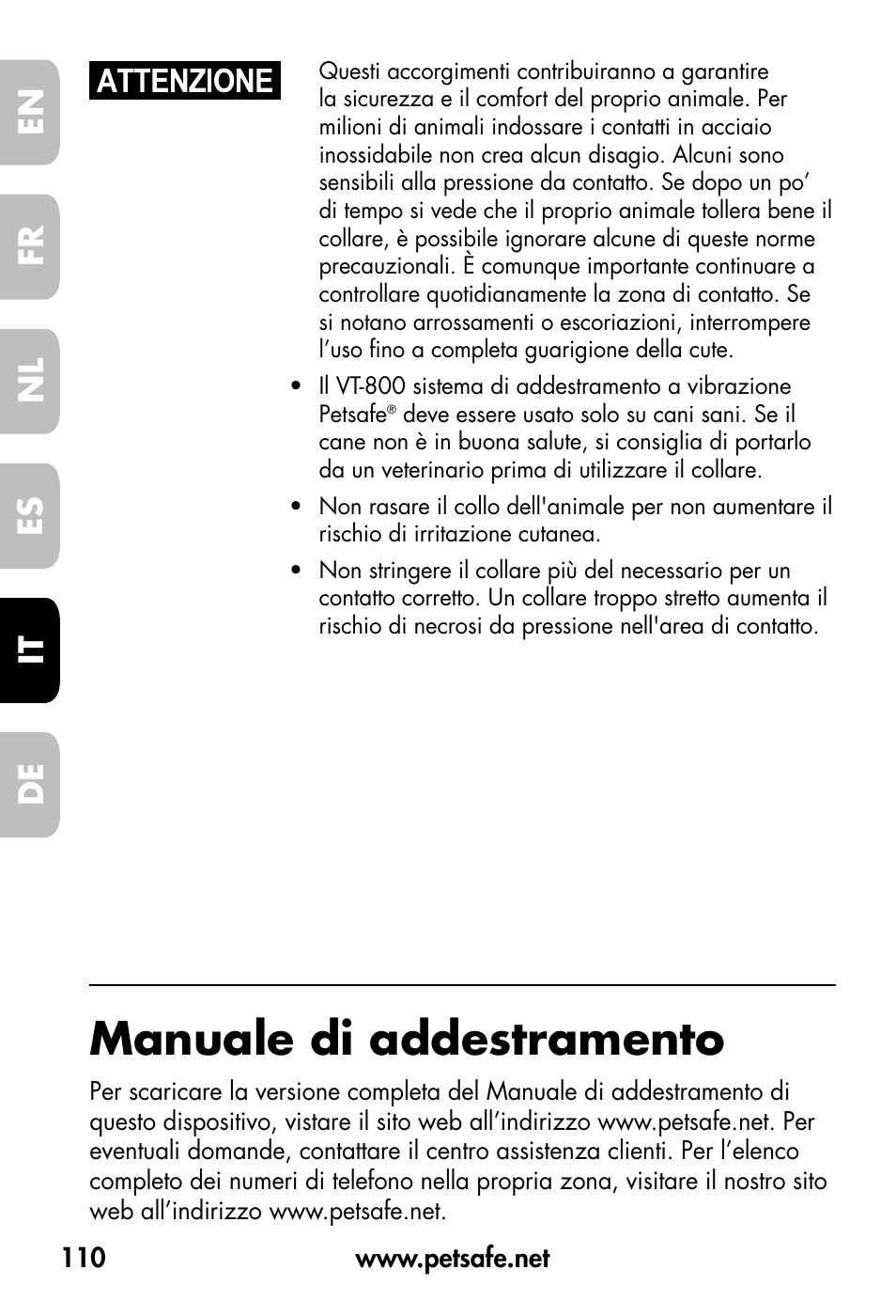 Manuale di addestramento, De fr es nl it en | Petsafe VT-800 Remote Vibration Trainer User Manual | Page 110 / 160