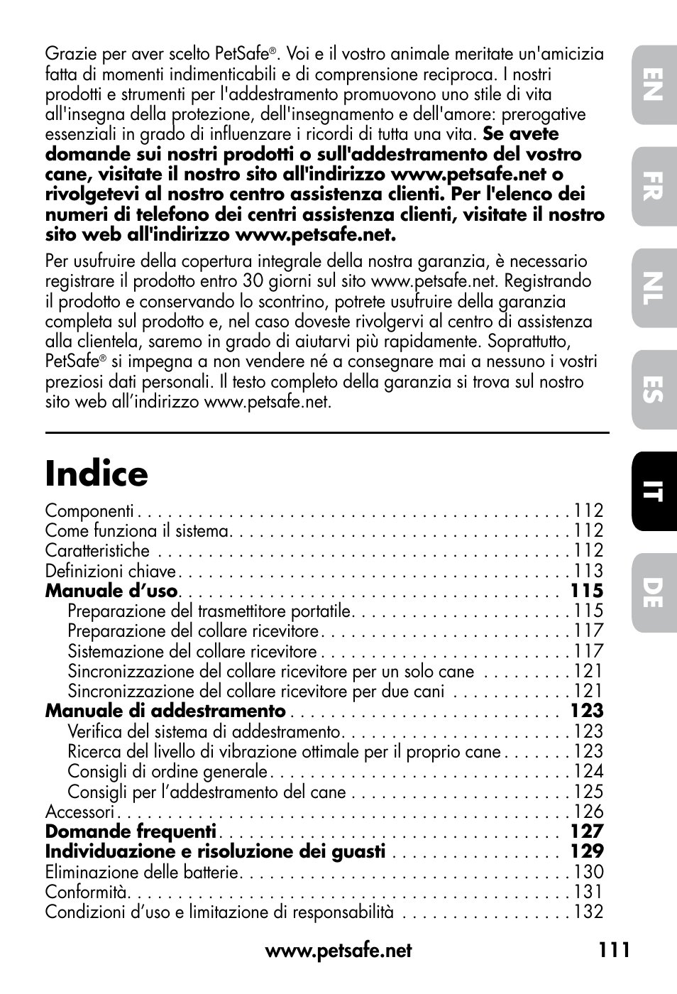 Indice, De fr es nl it en | Petsafe VT-800 Remote Vibration Trainer User Manual | Page 111 / 160