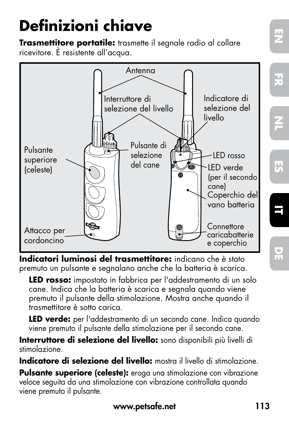 Definizioni chiave, De fr es nl it en | Petsafe VT-800 Remote Vibration Trainer User Manual | Page 113 / 160