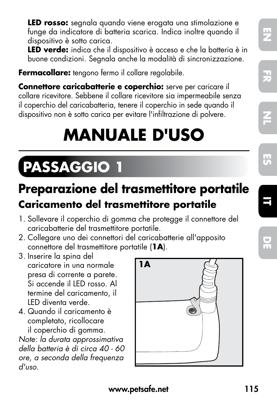Manuale d'uso, Passaggio 1, Preparazione del trasmettitore portatile | De fr es nl it en | Petsafe VT-800 Remote Vibration Trainer User Manual | Page 115 / 160