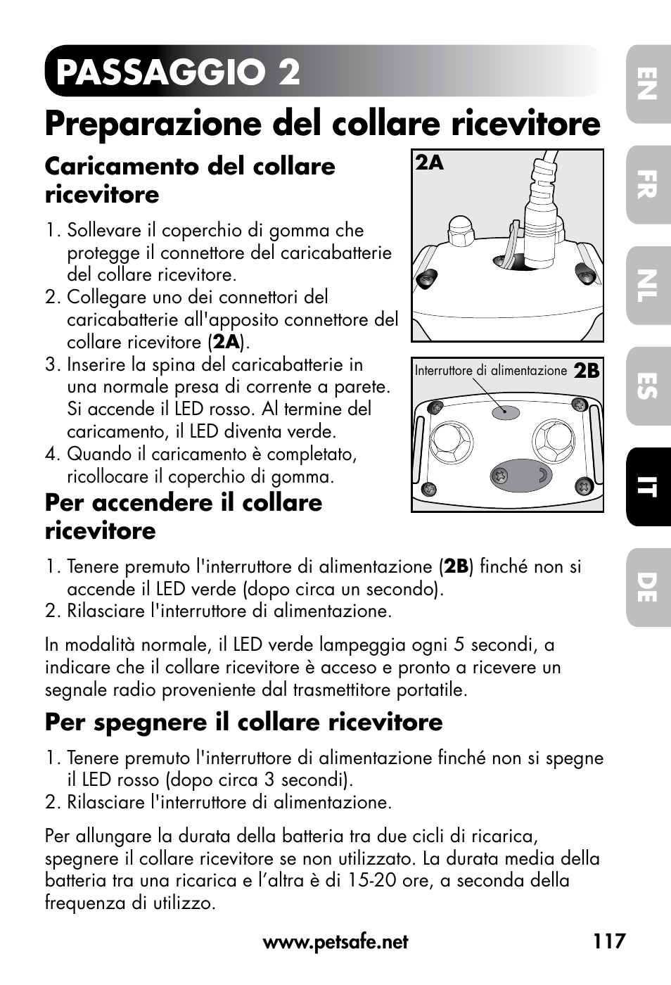 Passaggio 2 preparazione del collare ricevitore, De fr es nl it en | Petsafe VT-800 Remote Vibration Trainer User Manual | Page 117 / 160
