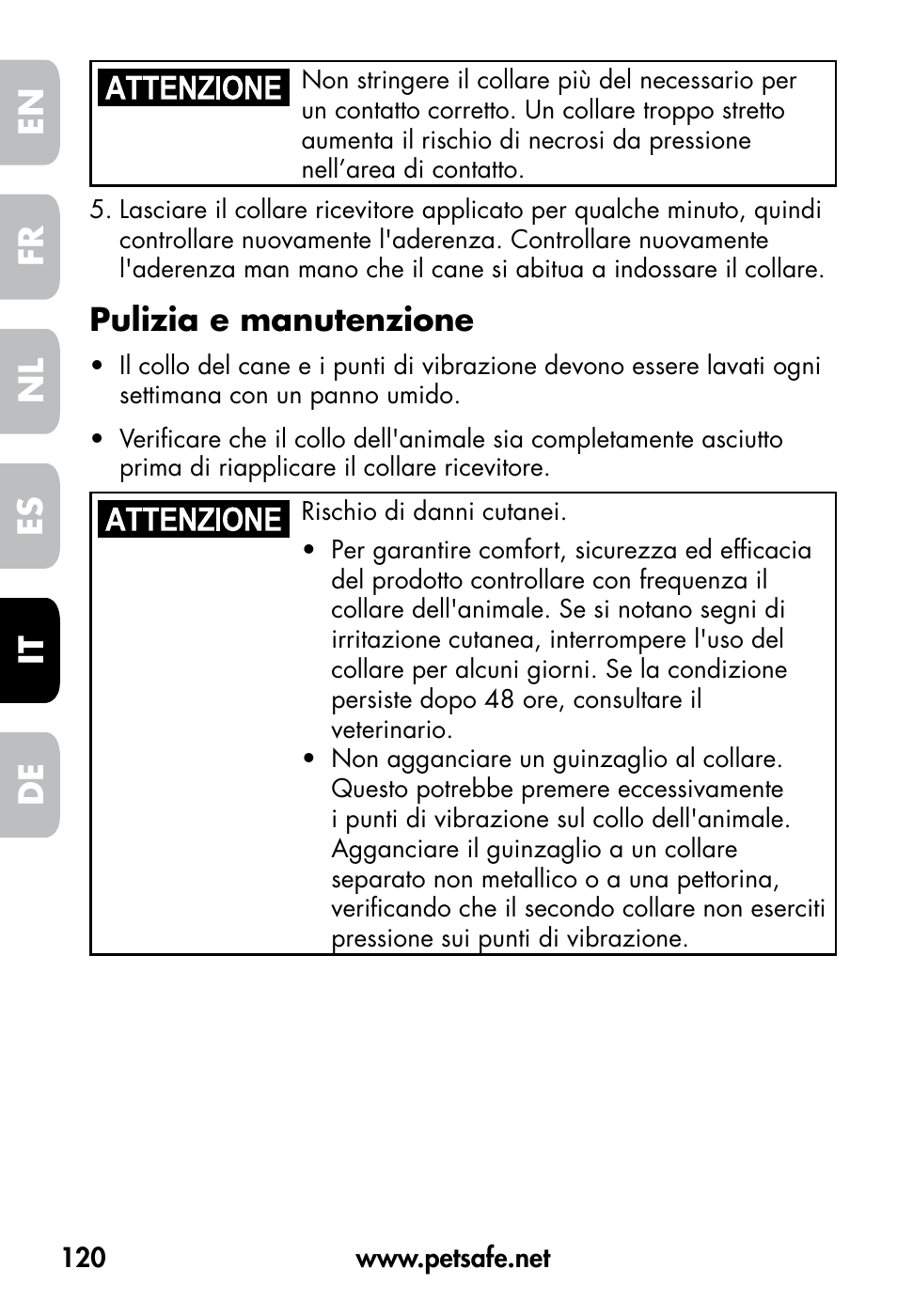 De fr es nl it en, Pulizia e manutenzione | Petsafe VT-800 Remote Vibration Trainer User Manual | Page 120 / 160