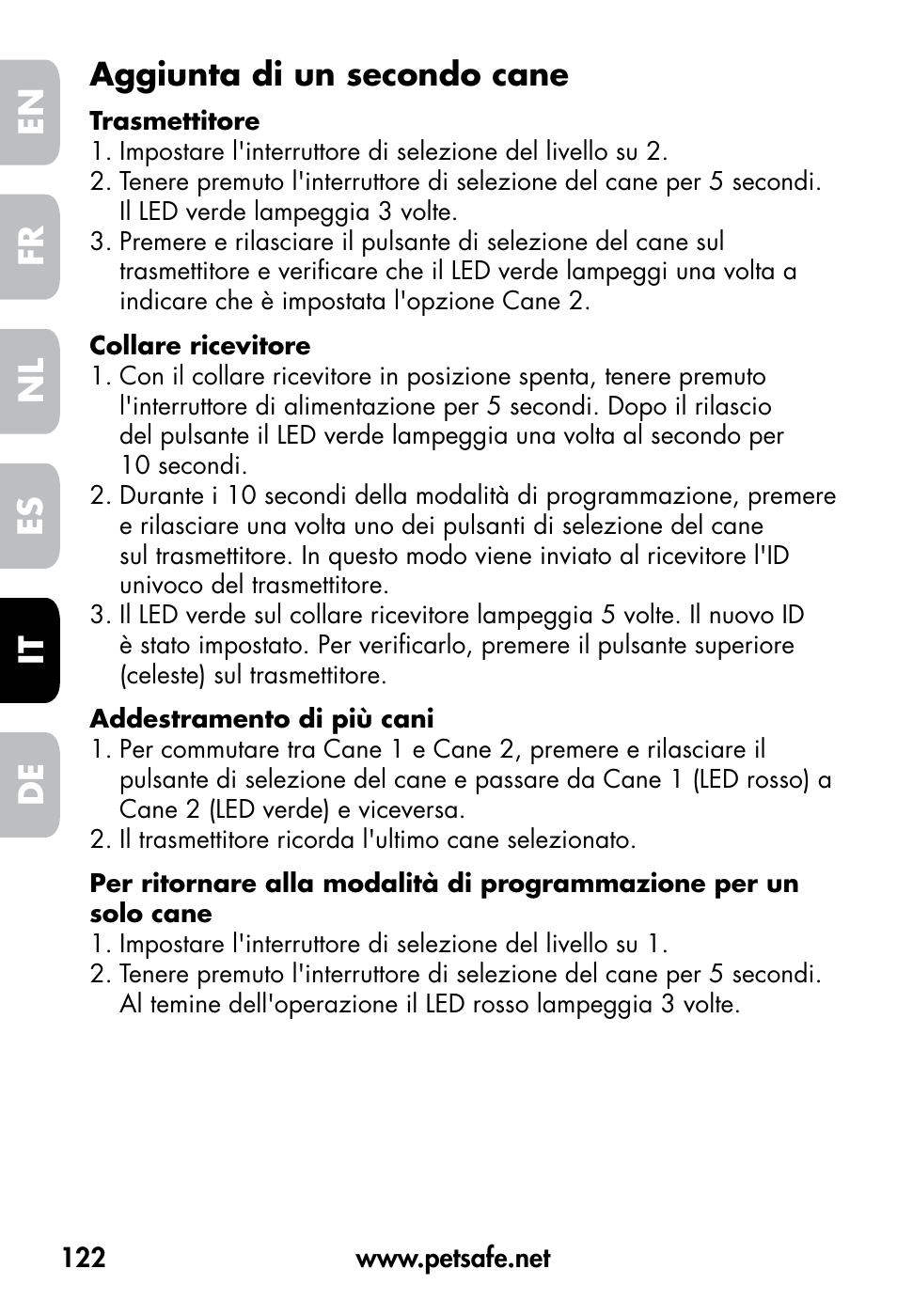 De fr es nl it en, Aggiunta di un secondo cane | Petsafe VT-800 Remote Vibration Trainer User Manual | Page 122 / 160
